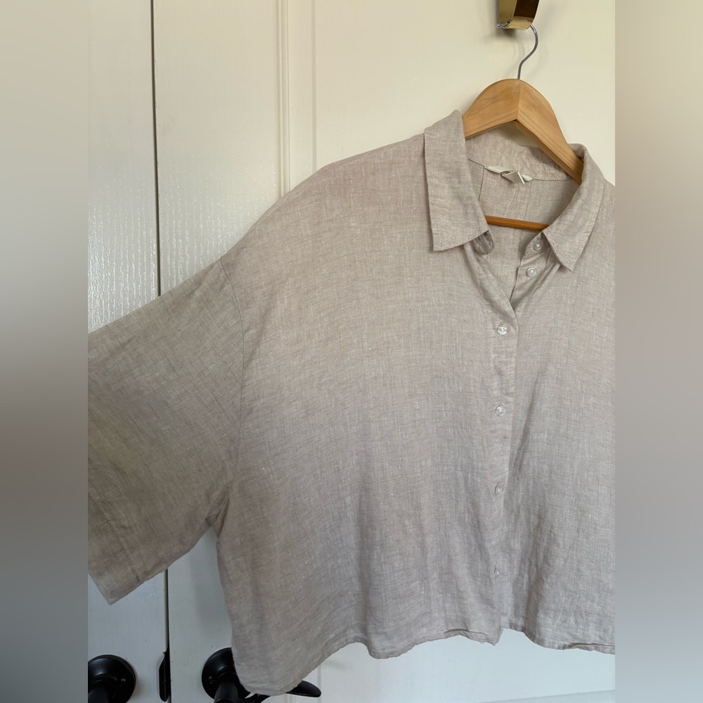 💯% Linen Oversized Short Sleeves Light Beige Taupe Bone Colour Cropped Shirt XXL - Picture 6 of 11